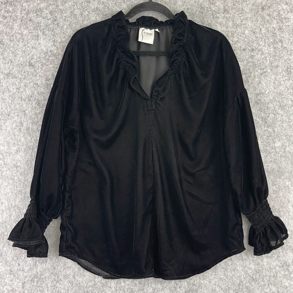 Finley Crosby Velvet Top Womens XS Black Ruffle Blouse Goth Classic USA Made